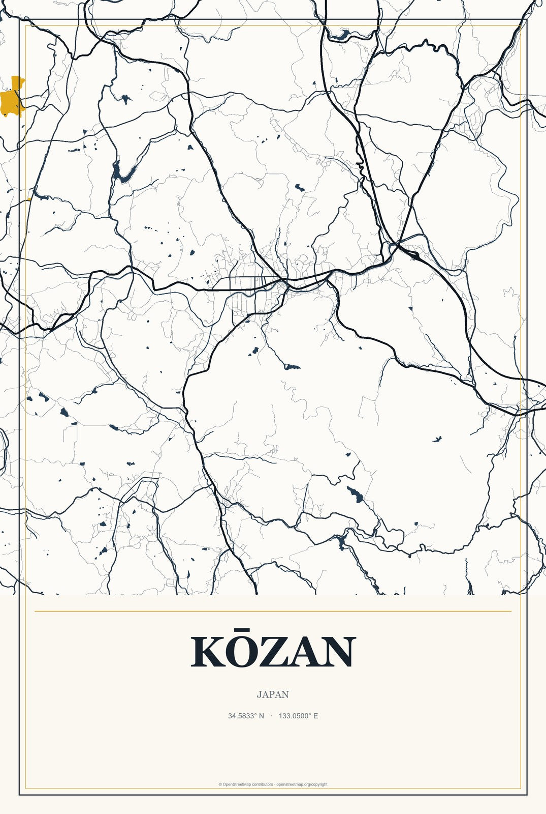 Kōzan, Japan City Map Aluminum Sign in Citrine Modern style
