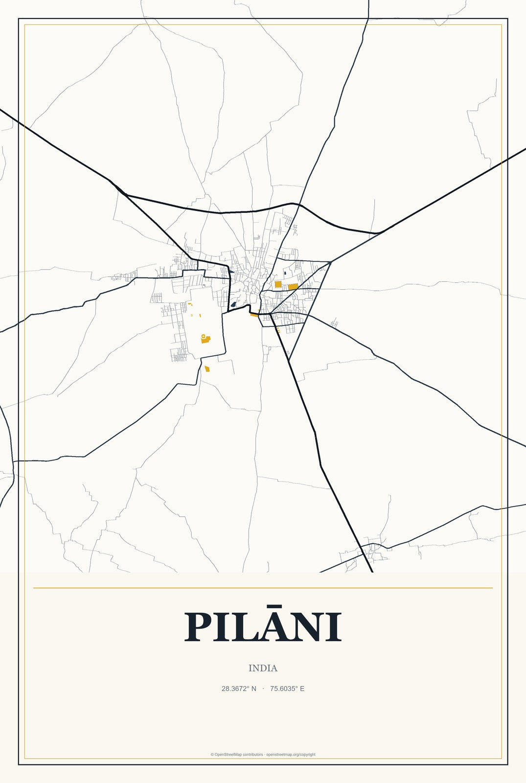 Pilāni, India City Map Aluminum Sign in Citrine Modern style