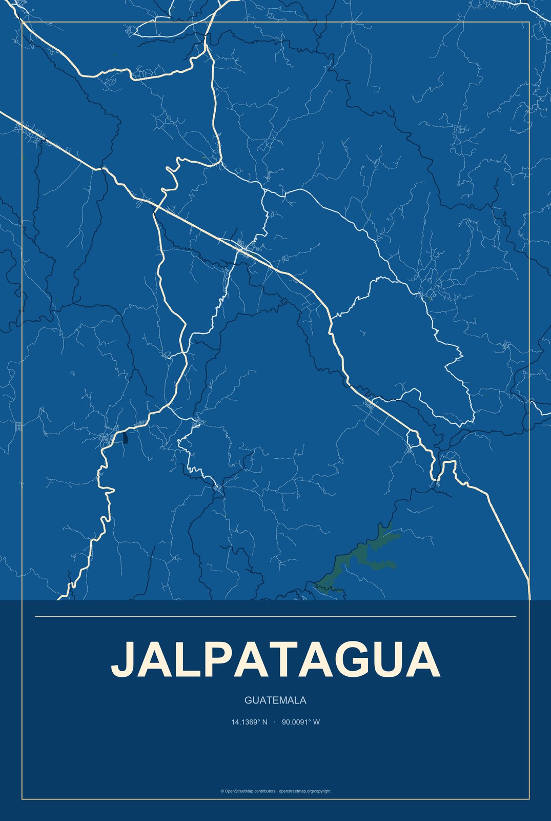 Jalpatagua, Guatemala City Map Aluminum Sign in Harbor Cobalt style