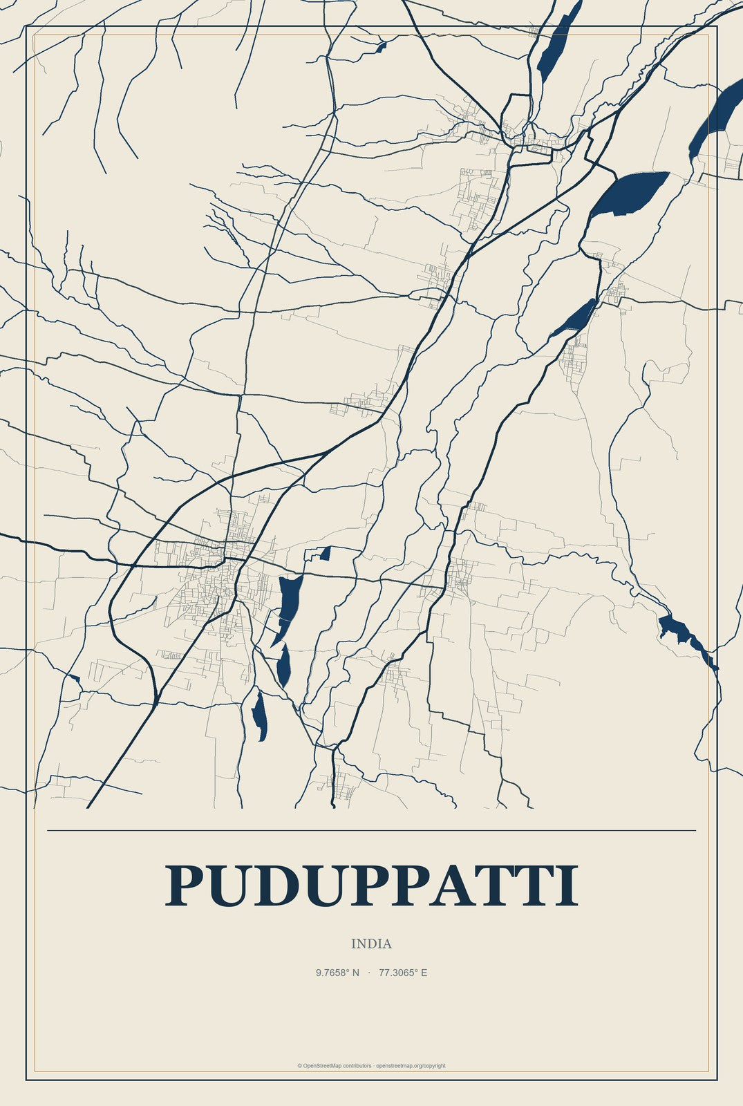 Puduppatti, India City Map Aluminum Sign in Coastal Cutout style