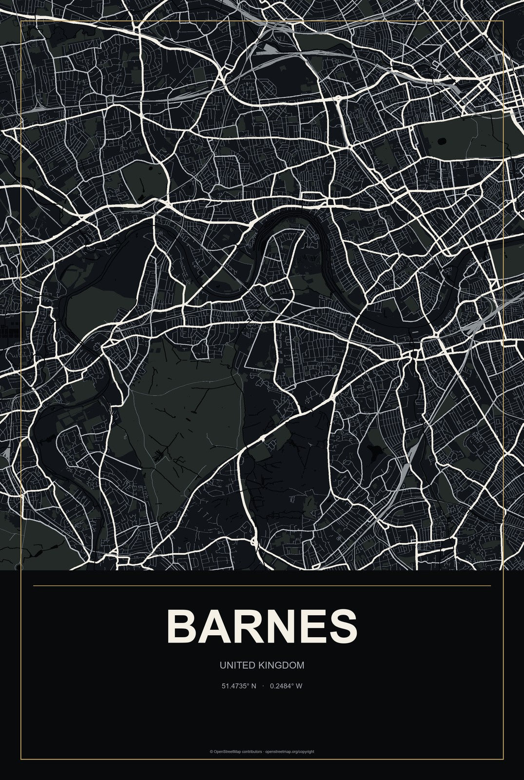 Barnes, United Kingdom City Map Aluminum Sign in Metropolitan Noir style