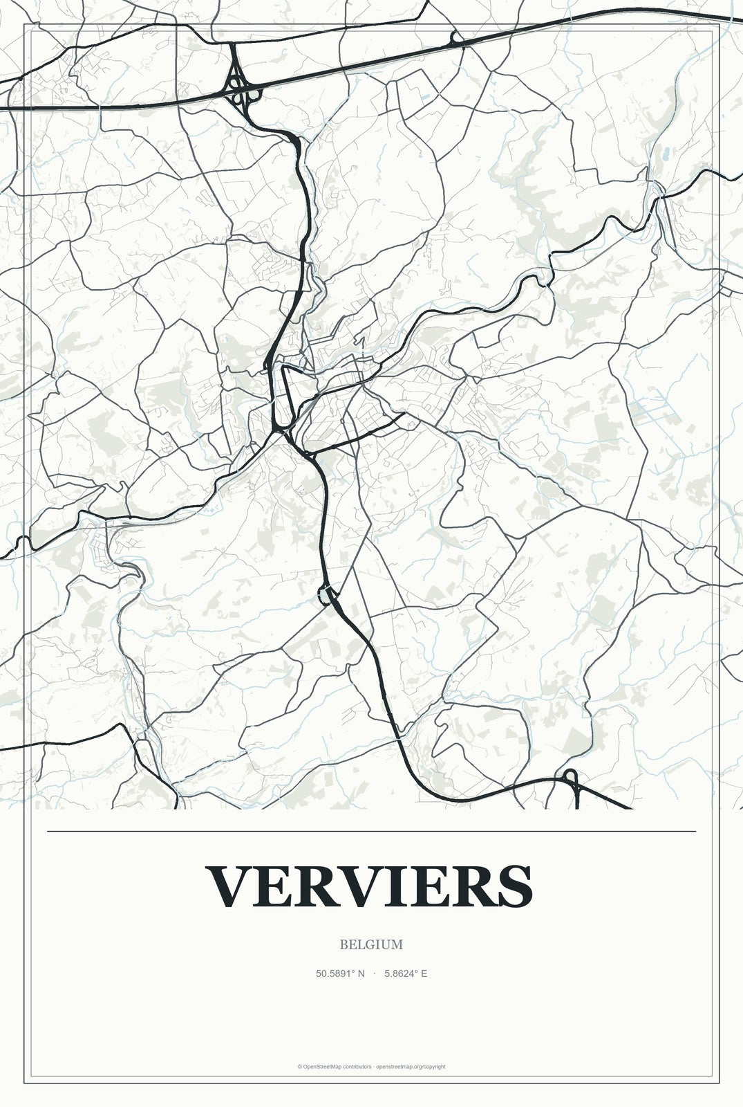 Verviers, Belgium City Map Aluminum Sign in Gallery Air style