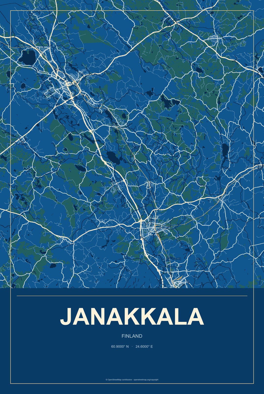 Janakkala, Finland City Map Aluminum Sign in Harbor Cobalt style