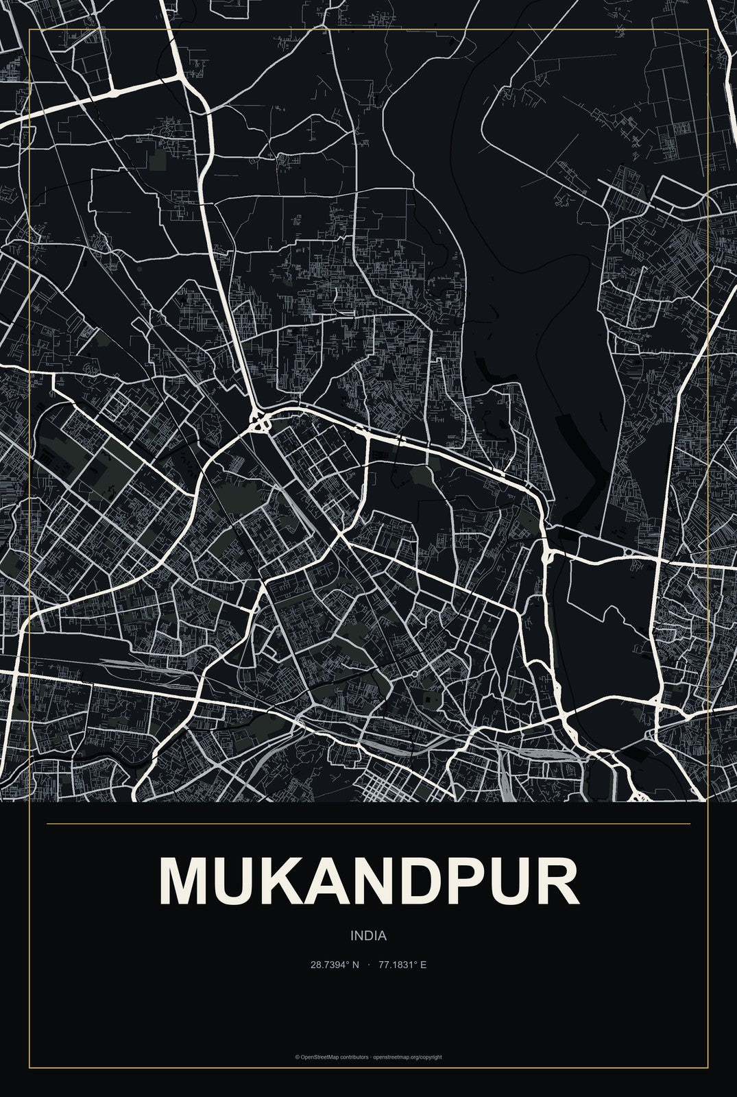 Mukandpur, India City Map Aluminum Sign in Metropolitan Noir style