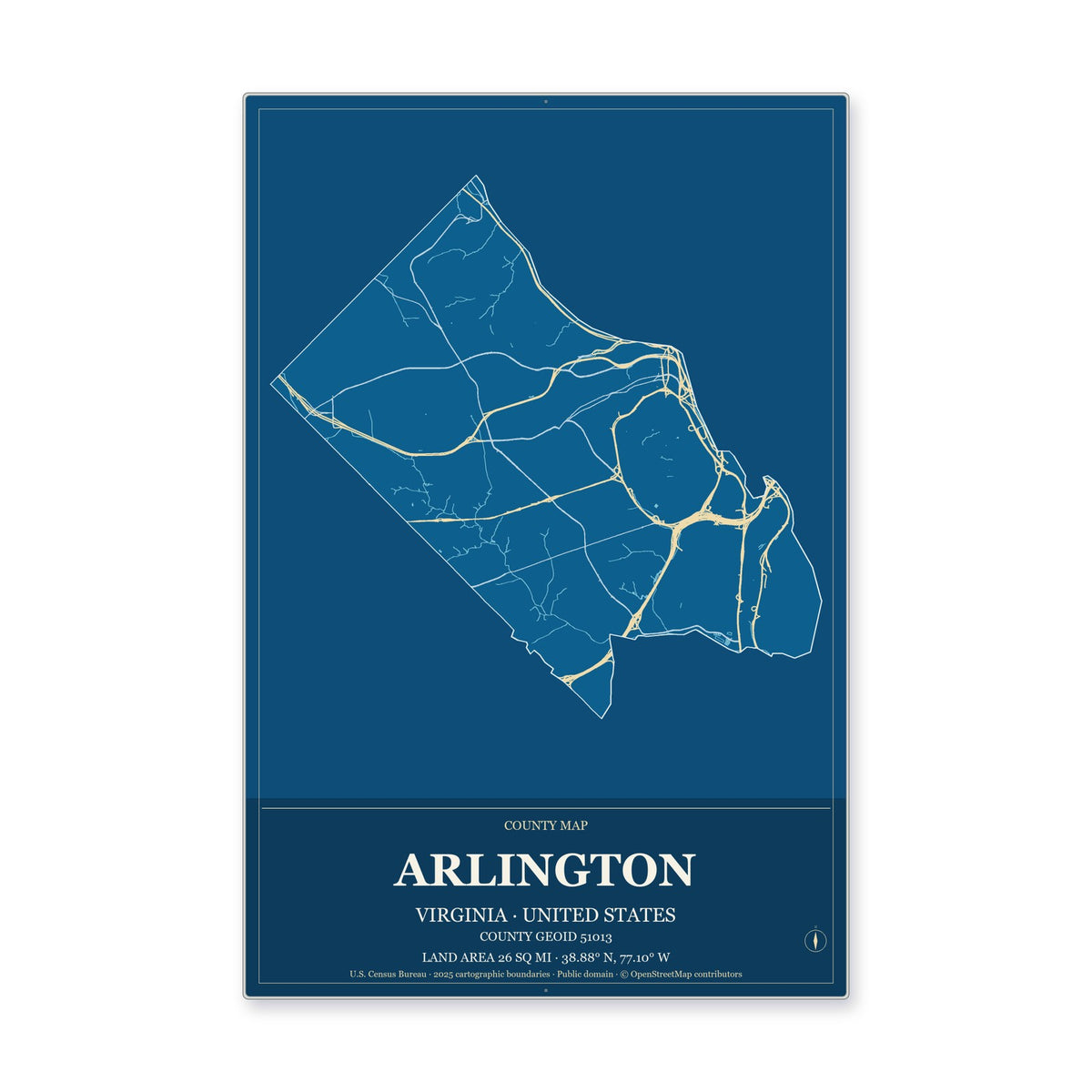 Arlington County, Virginia Map Aluminum Sign in Harbor Cobalt style