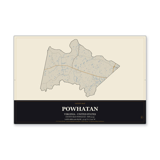 Powhatan County, Virginia Map Aluminum Sign in Museum Plaque style