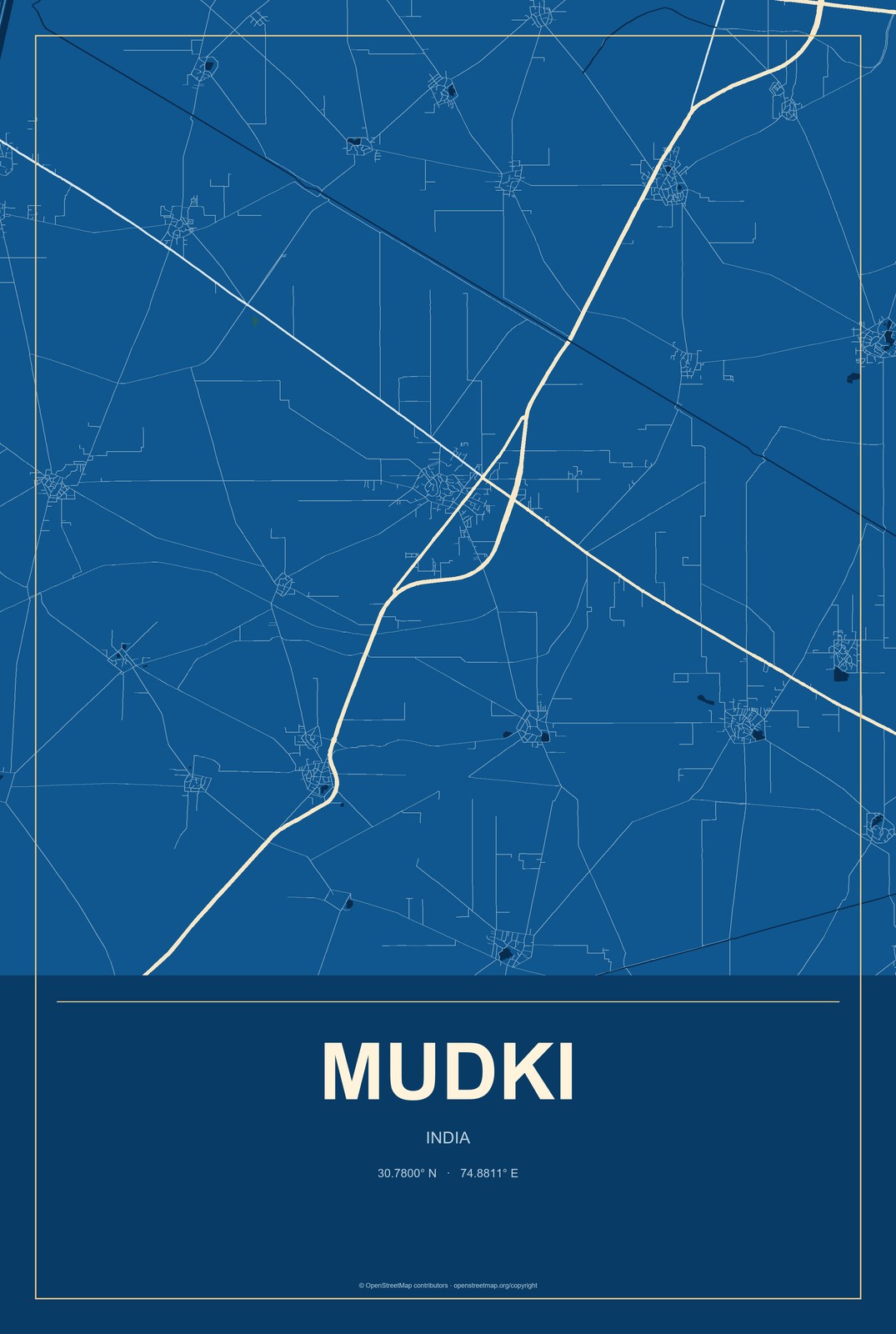 Mudki, India City Map Aluminum Sign in Harbor Cobalt style