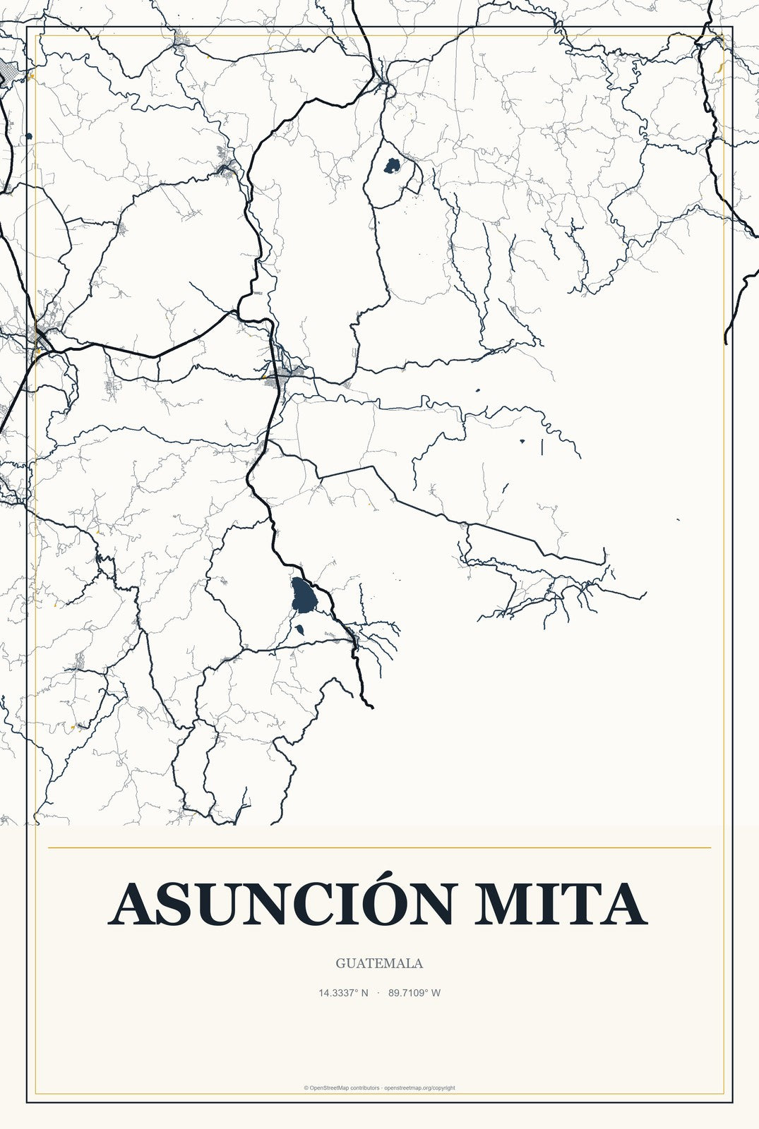 Asunción Mita, Guatemala City Map Aluminum Sign in Citrine Modern style