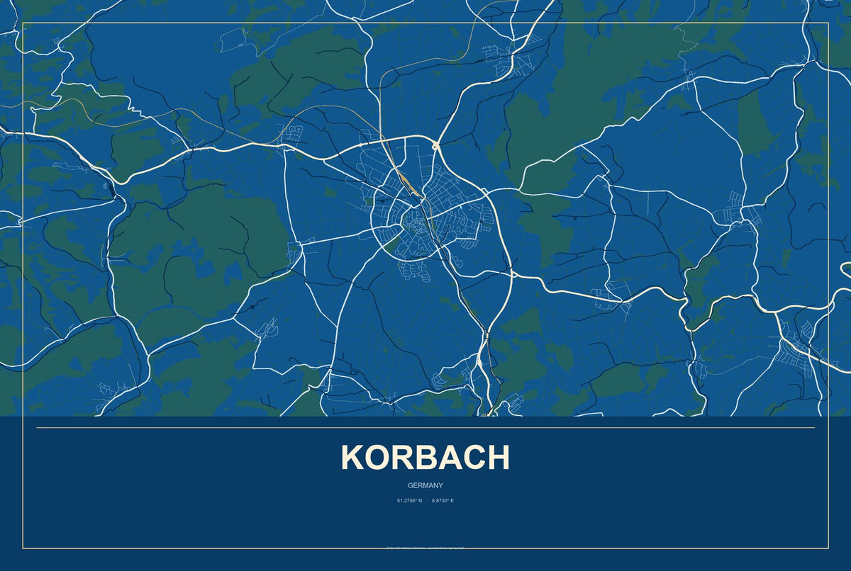 Korbach, Germany City Map Aluminum Sign in Harbor Cobalt style