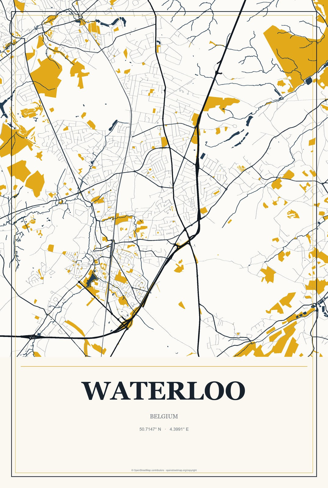 Waterloo, Belgium City Map Aluminum Sign in Citrine Modern style