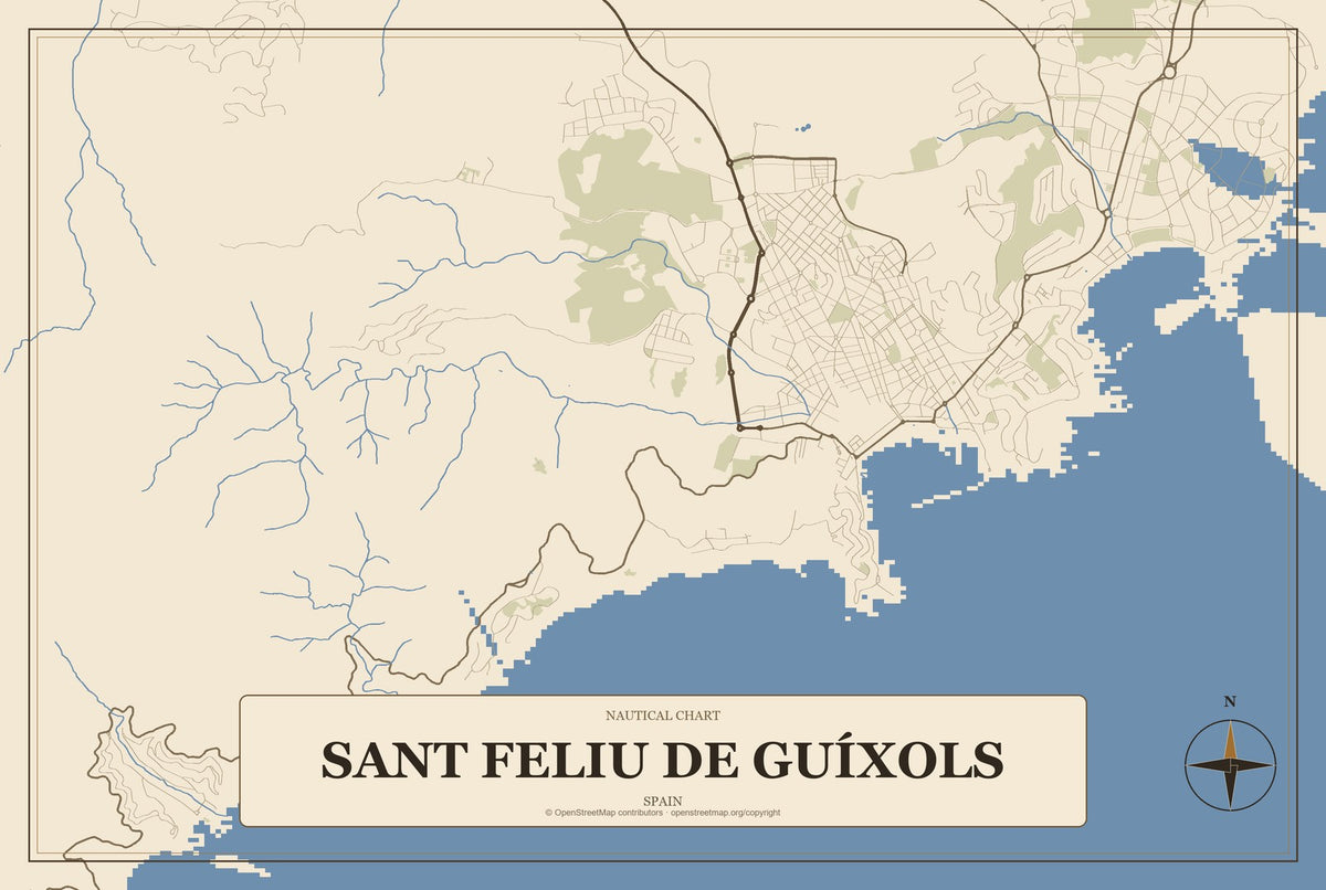 Sant Feliu de Guíxols, Spain City Map Aluminum Sign in Heritage Nautical style