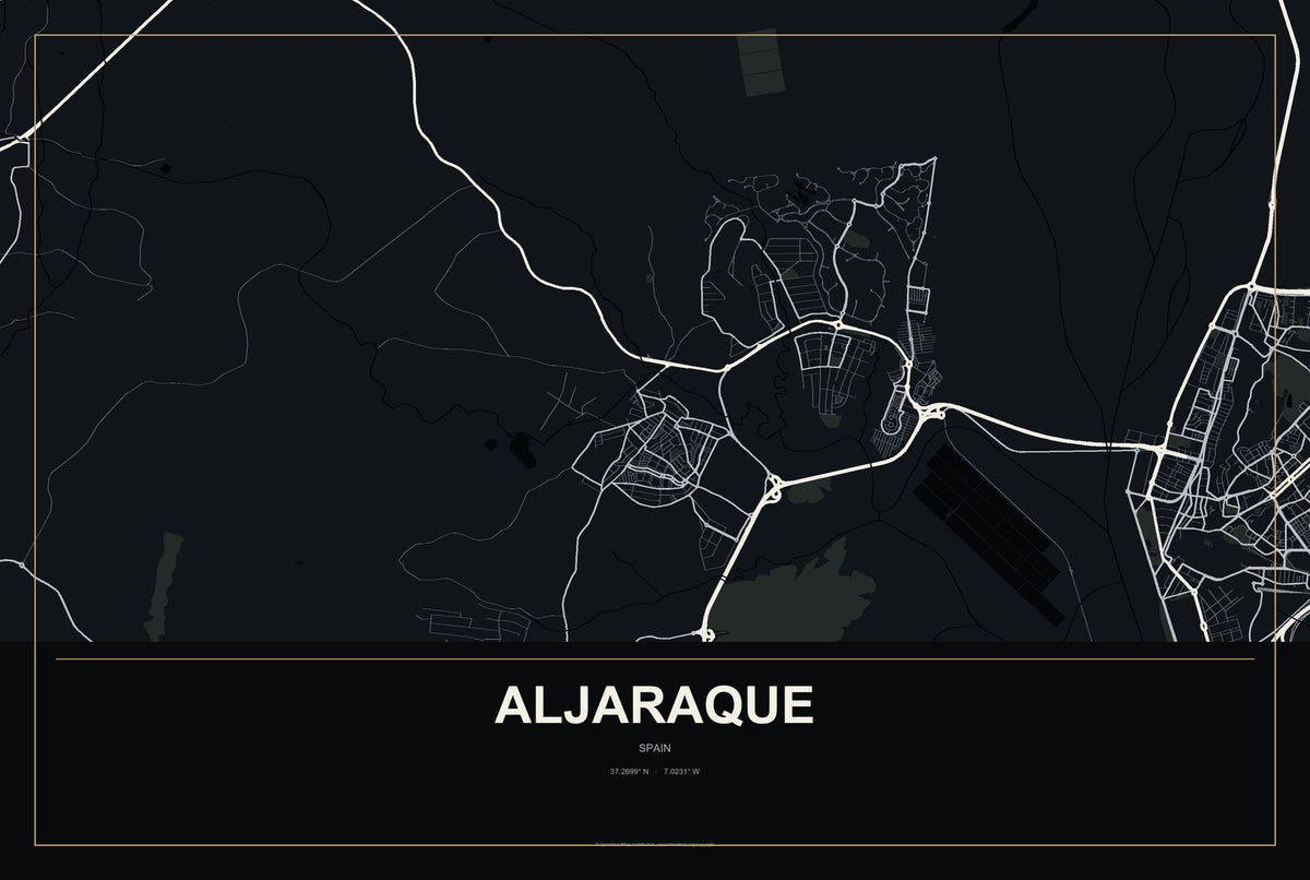 Aljaraque, Spain City Map Aluminum Sign in Metropolitan Noir style