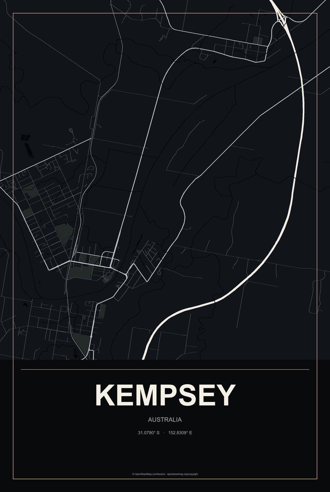 Kempsey, Australia City Map Aluminum Sign in Metropolitan Noir style