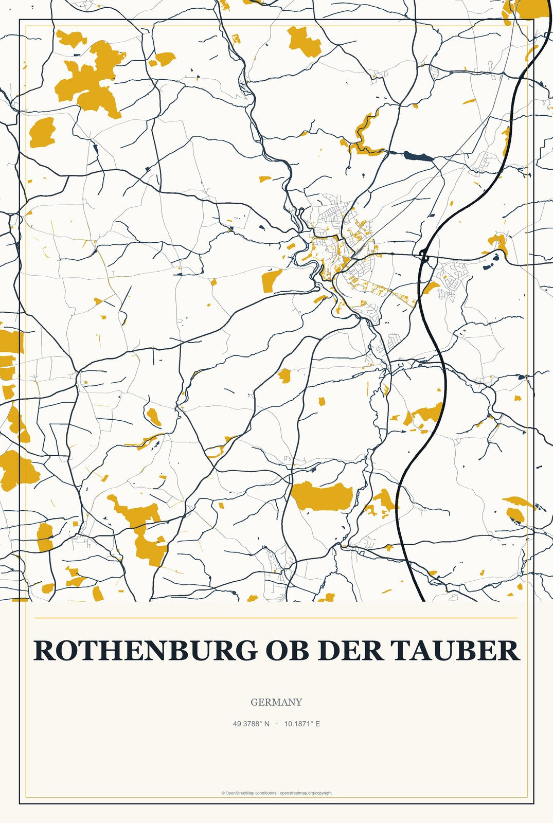 Rothenburg ob der Tauber, Germany City Map Aluminum Sign in Citrine Modern style