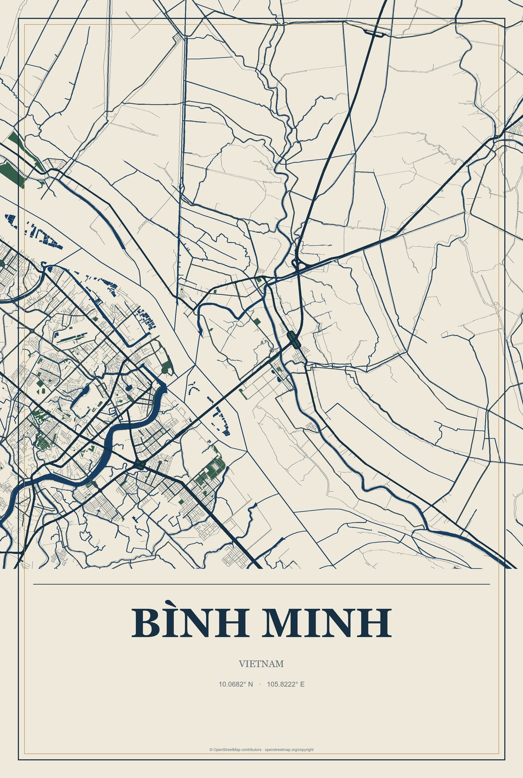 Bình Minh, Vietnam City Map Aluminum Sign in Coastal Cutout style