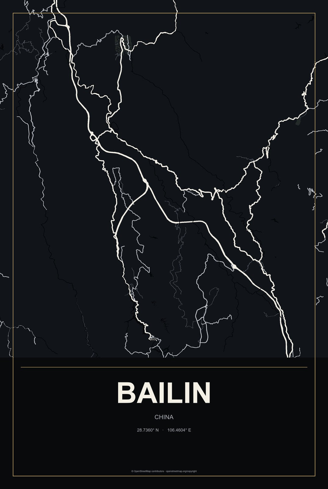 Bailin, Gansu, China City Map Aluminum Sign in Metropolitan Noir style