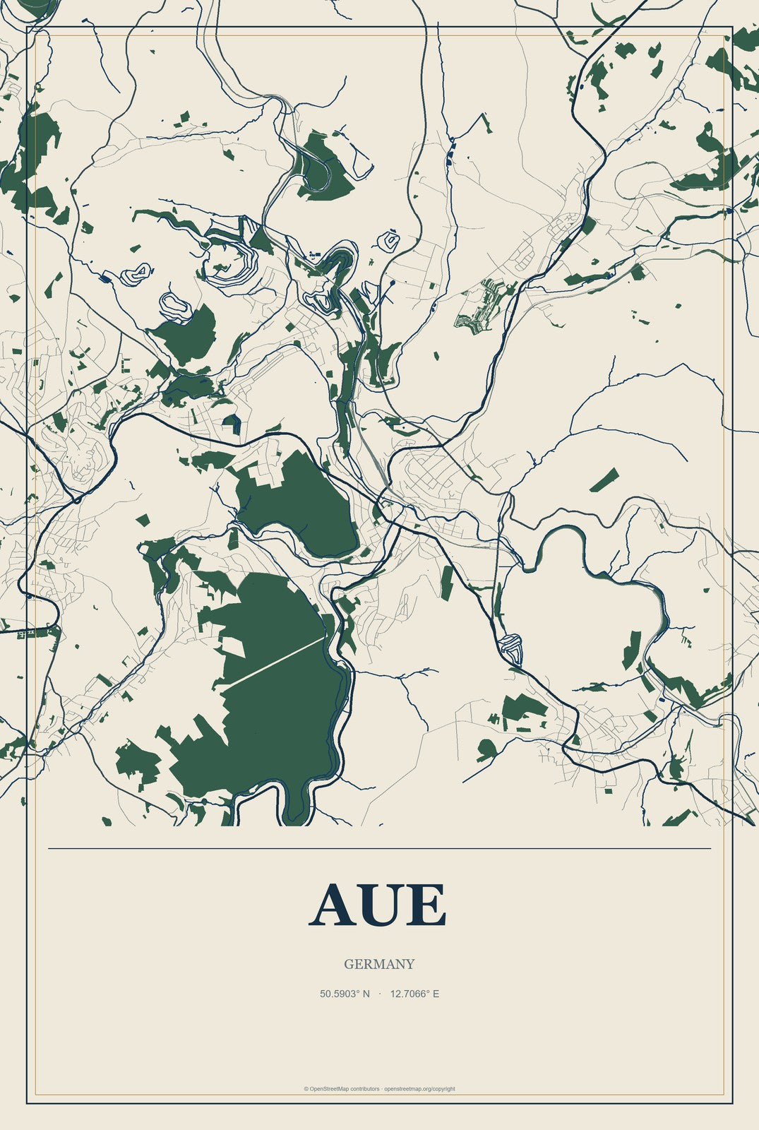 Aue, Germany City Map Aluminum Sign in Coastal Cutout style