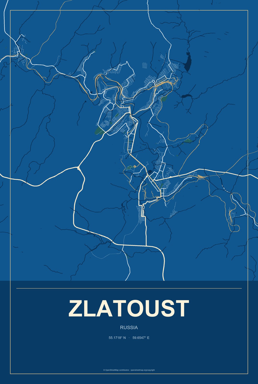 Zlatoust, Russia City Map Aluminum Sign in Harbor Cobalt style