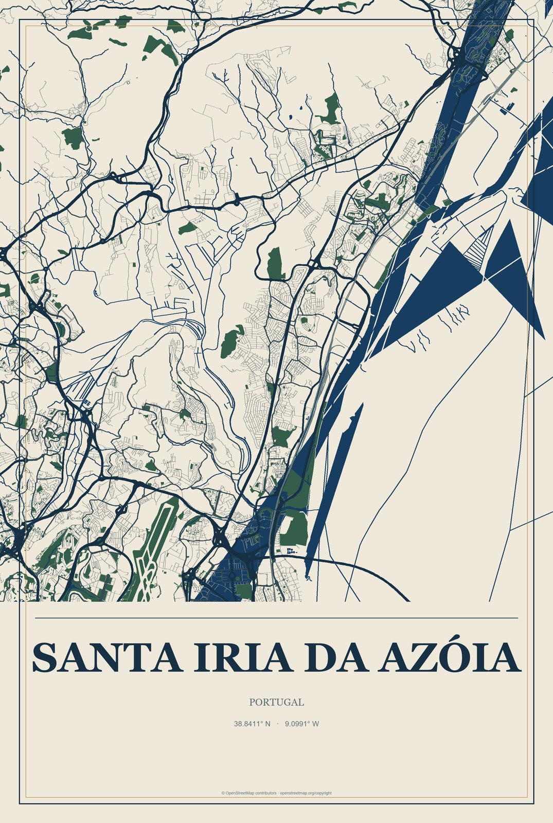 Santa Iria da Azóia, Portugal City Map Aluminum Sign in Coastal Cutout style