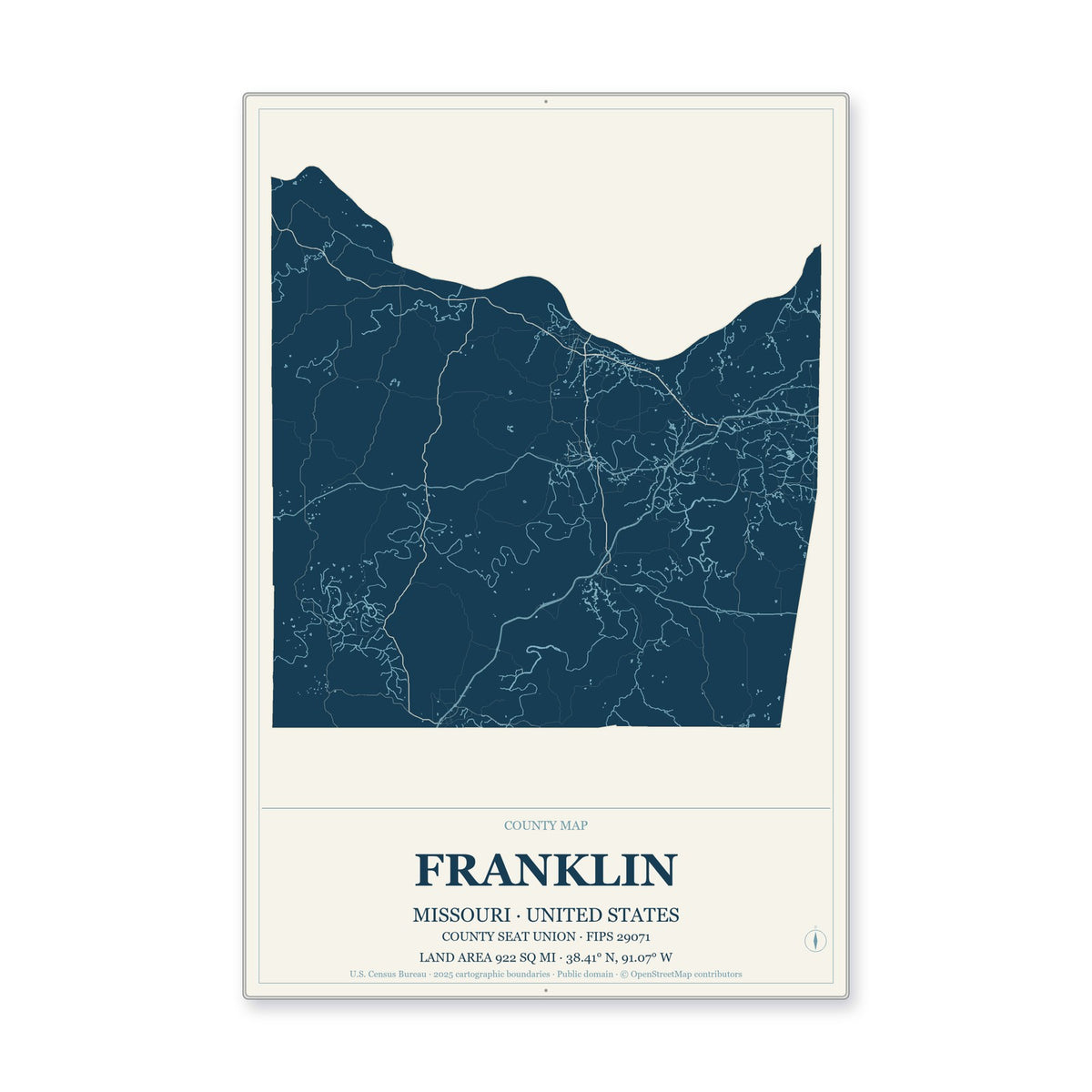 Franklin County, Missouri Map Aluminum Sign in Coastal Cutout style