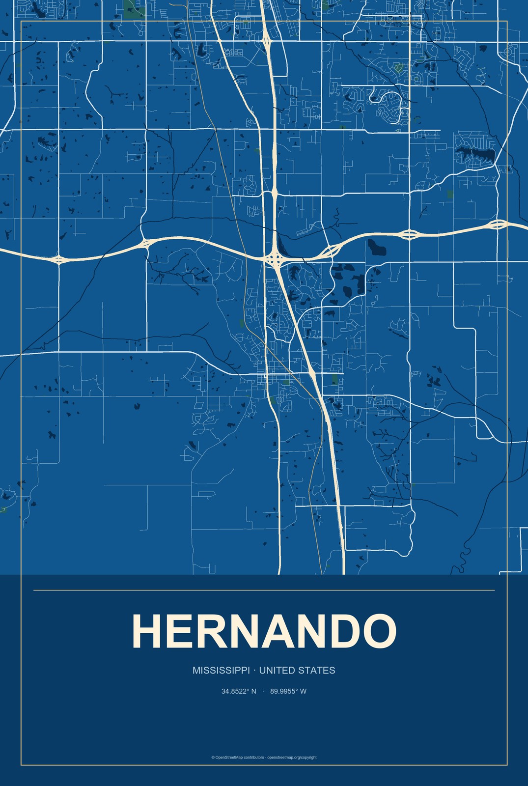 Hernando, Mississippi City Map Aluminum Sign in Harbor Cobalt style