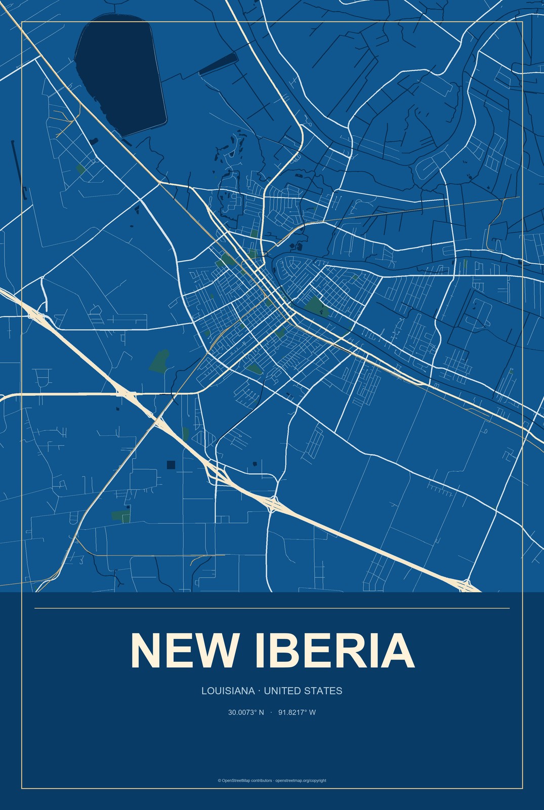 New Iberia, Louisiana City Map Aluminum Sign in Harbor Cobalt style