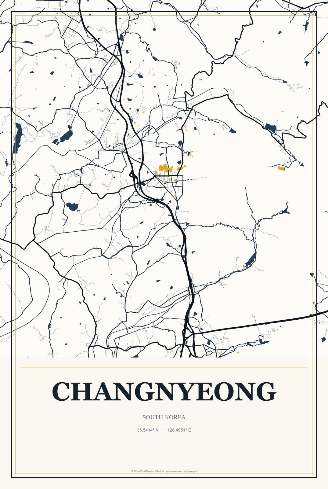 Changnyeong, South Korea City Map Aluminum Sign in Citrine Modern style