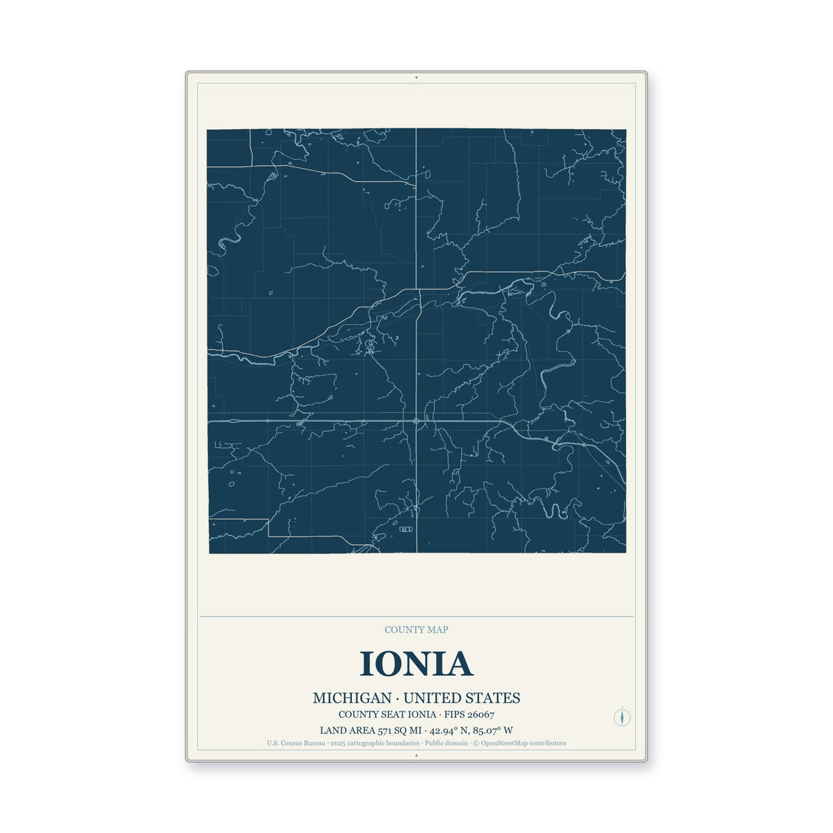Ionia County, Michigan Map Aluminum Sign in Coastal Cutout style