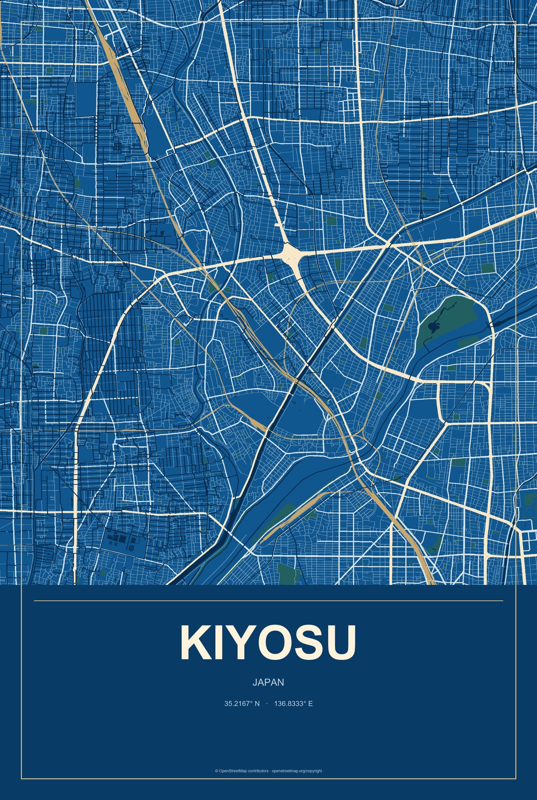 Kiyosu, Japan City Map Aluminum Sign in Harbor Cobalt style