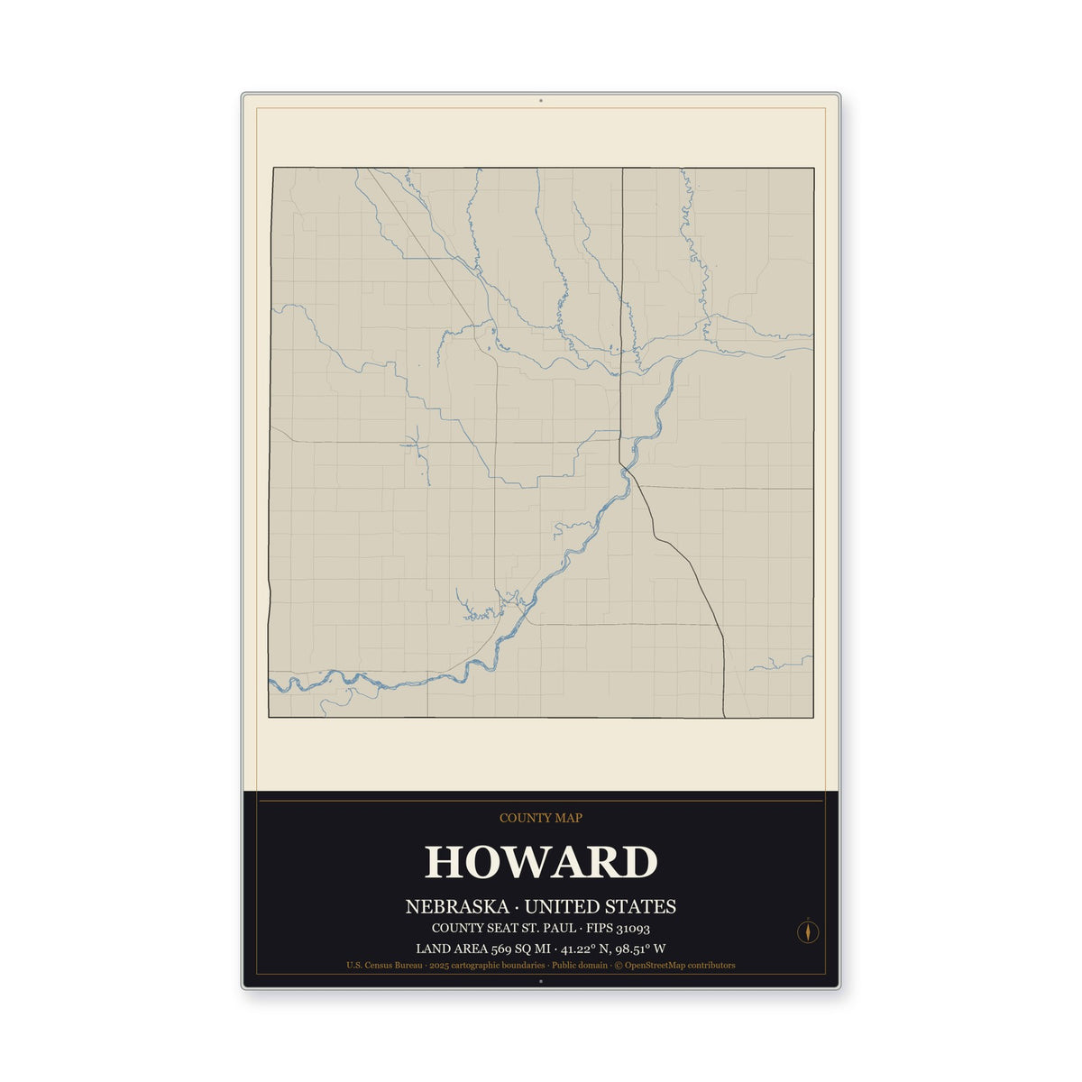 Howard County, Nebraska Map Aluminum Sign in Museum Plaque style