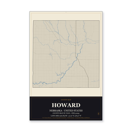 Howard County, Nebraska Map Aluminum Sign in Museum Plaque style
