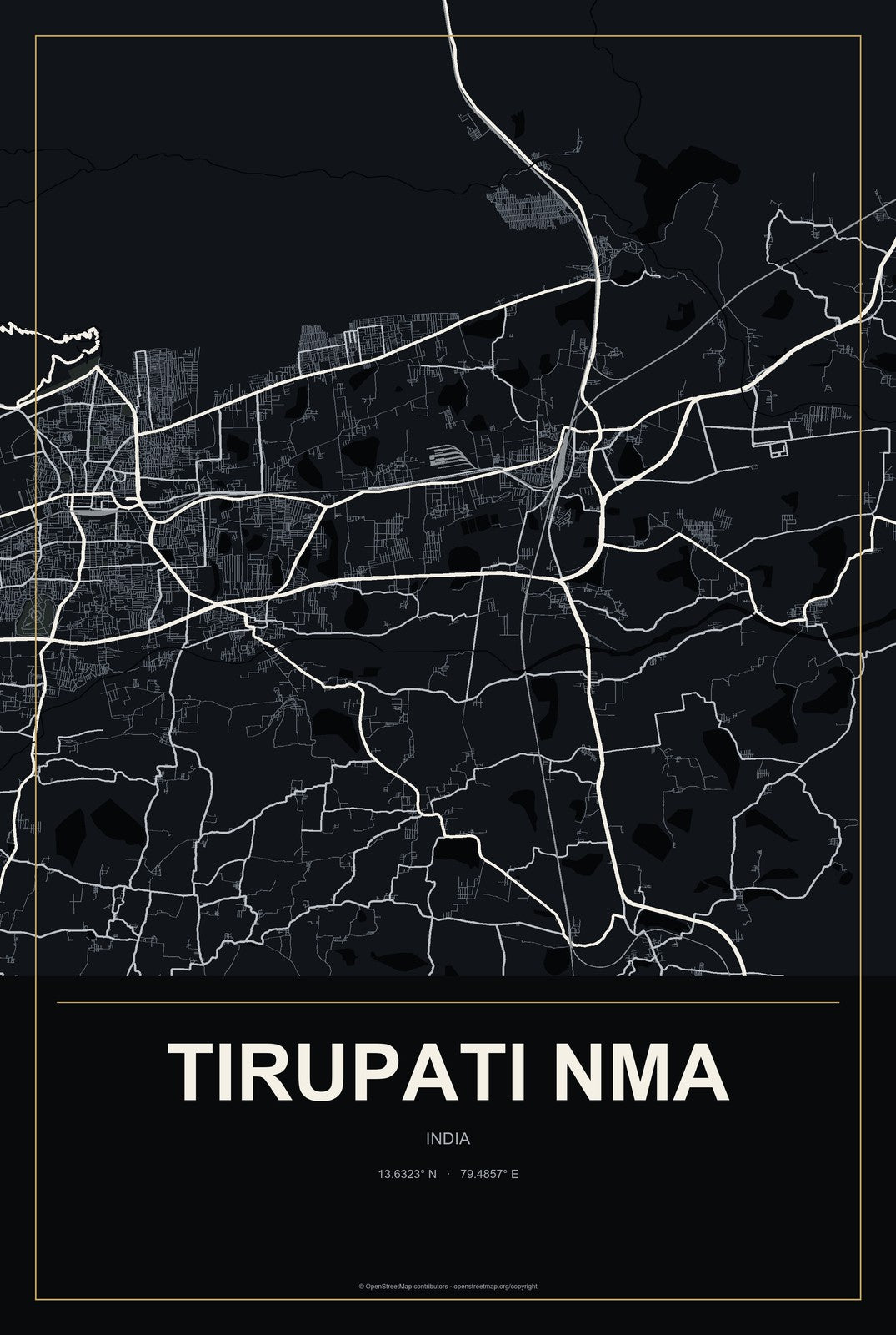 Tirupati NMA, India City Map Aluminum Sign in Metropolitan Noir style