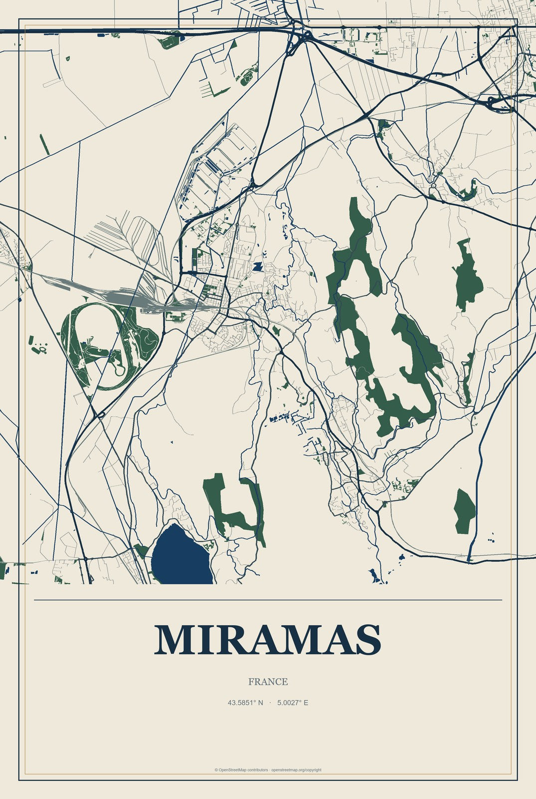 Miramas, France City Map Aluminum Sign in Coastal Cutout style