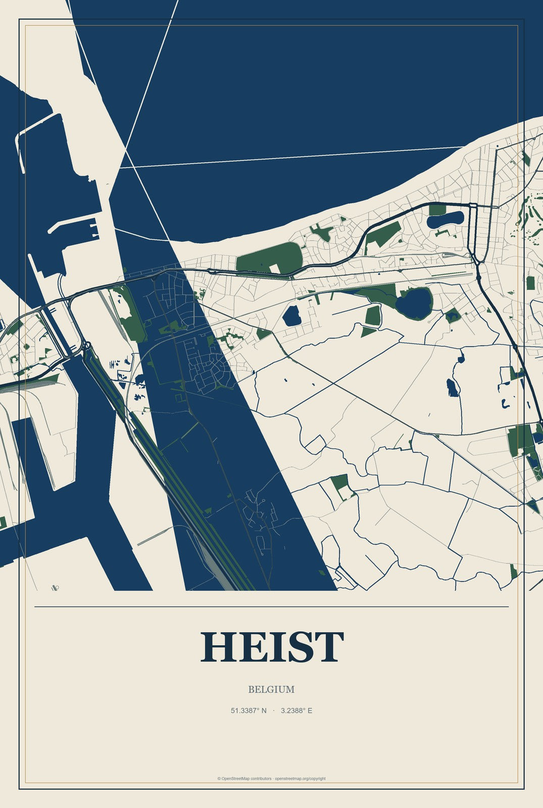 Heist, Belgium City Map Aluminum Sign in Coastal Cutout style