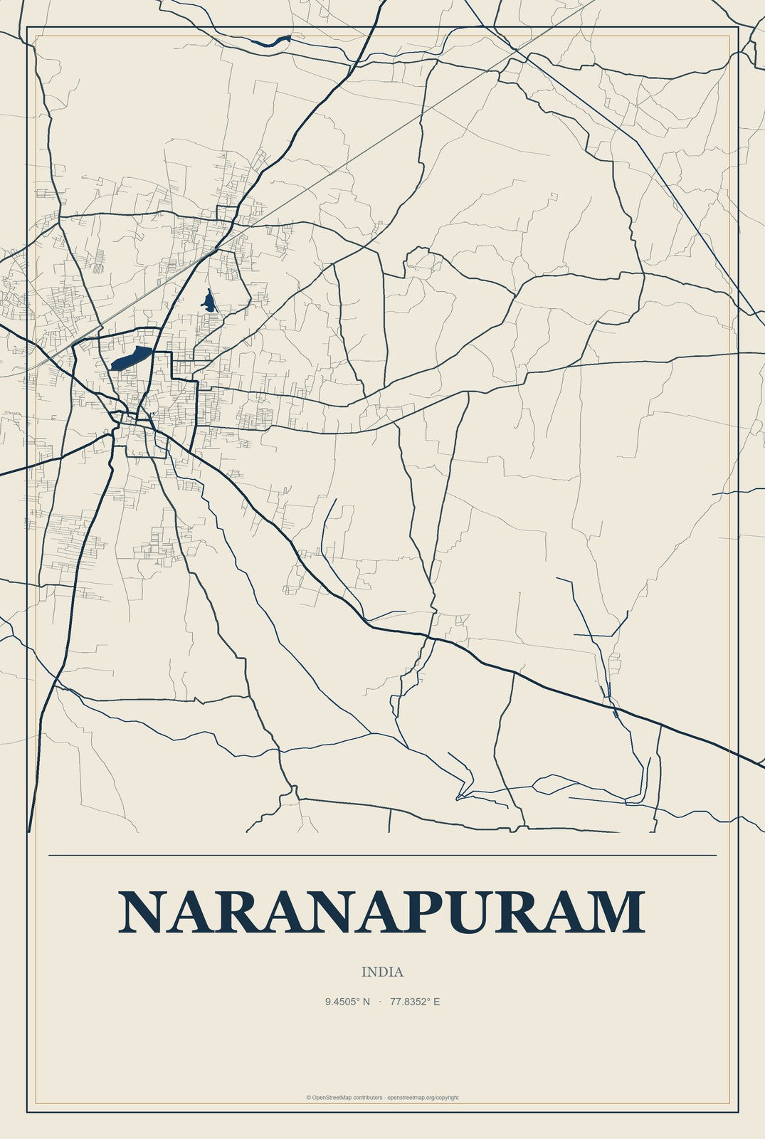 Naranapuram, India City Map Aluminum Sign in Coastal Cutout style