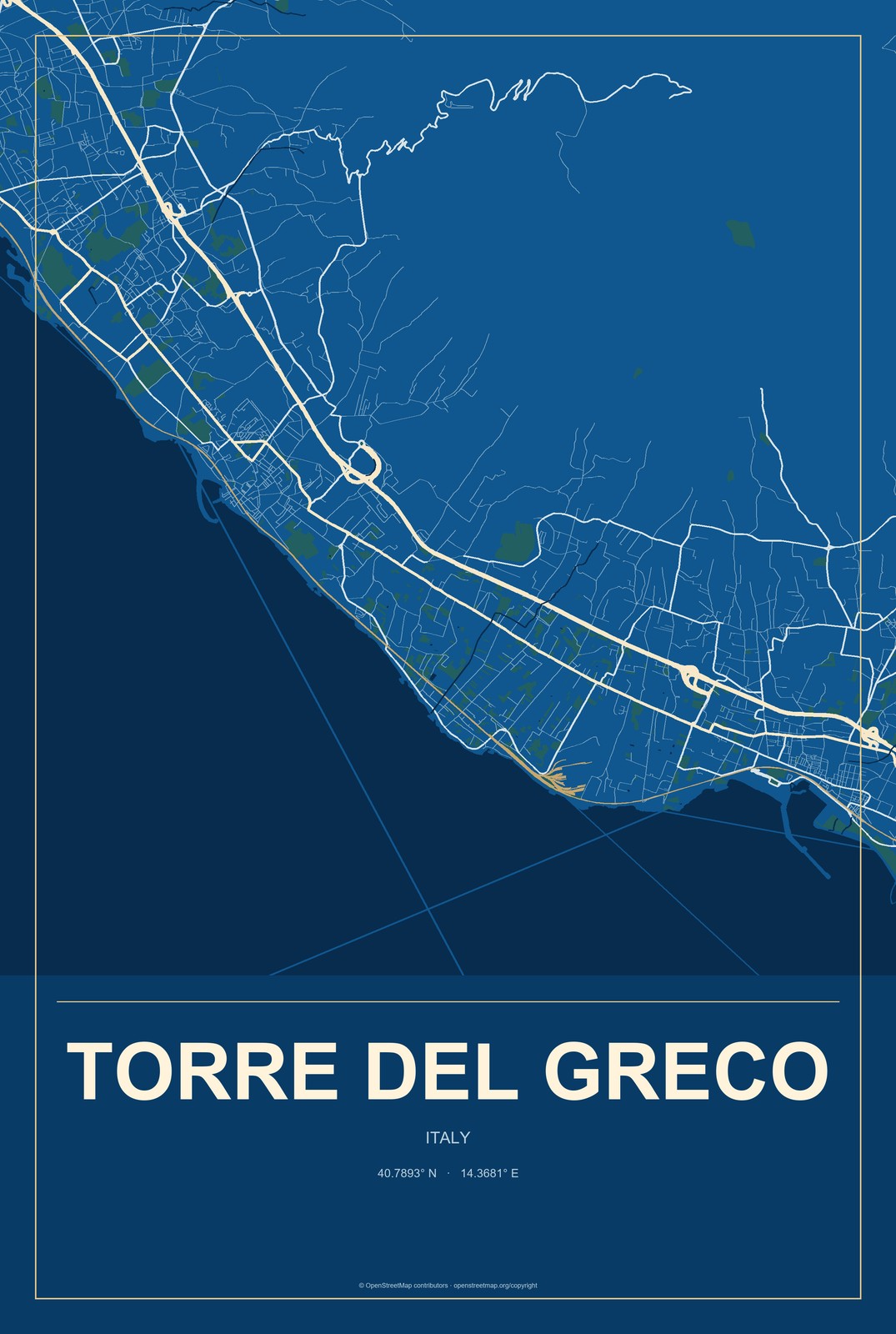 Torre del Greco, Italy City Map Aluminum Sign in Harbor Cobalt style