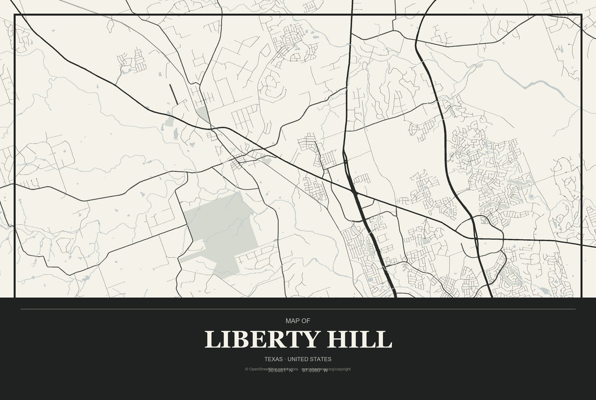 Liberty Hill, Texas City Map Aluminum Sign in Museum Plaque style