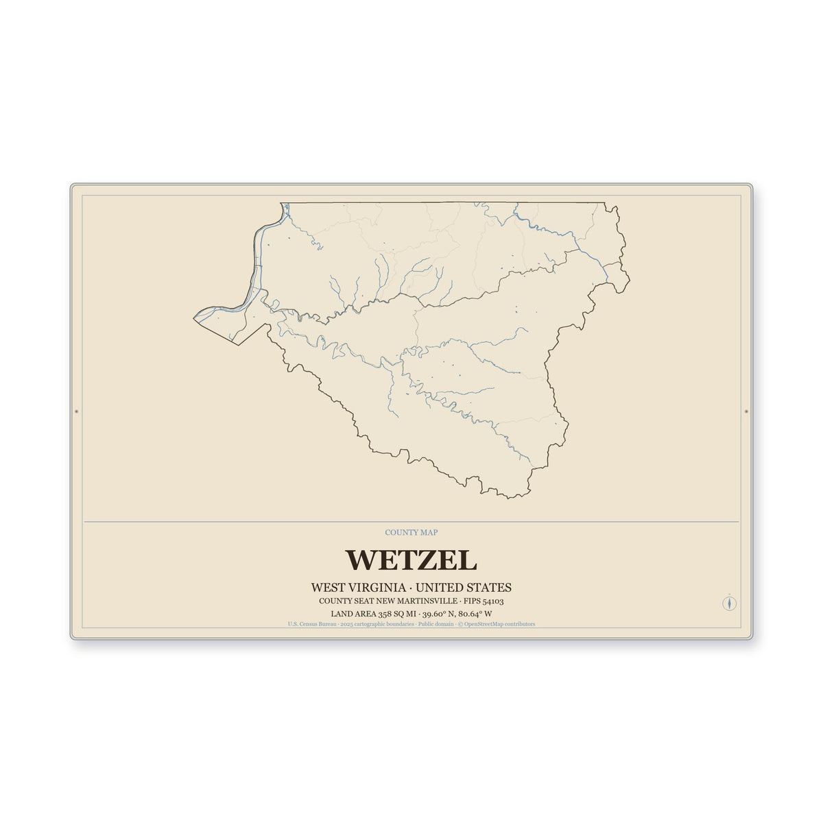 Wetzel County, West Virginia Map Aluminum Sign in Heritage Nautical style
