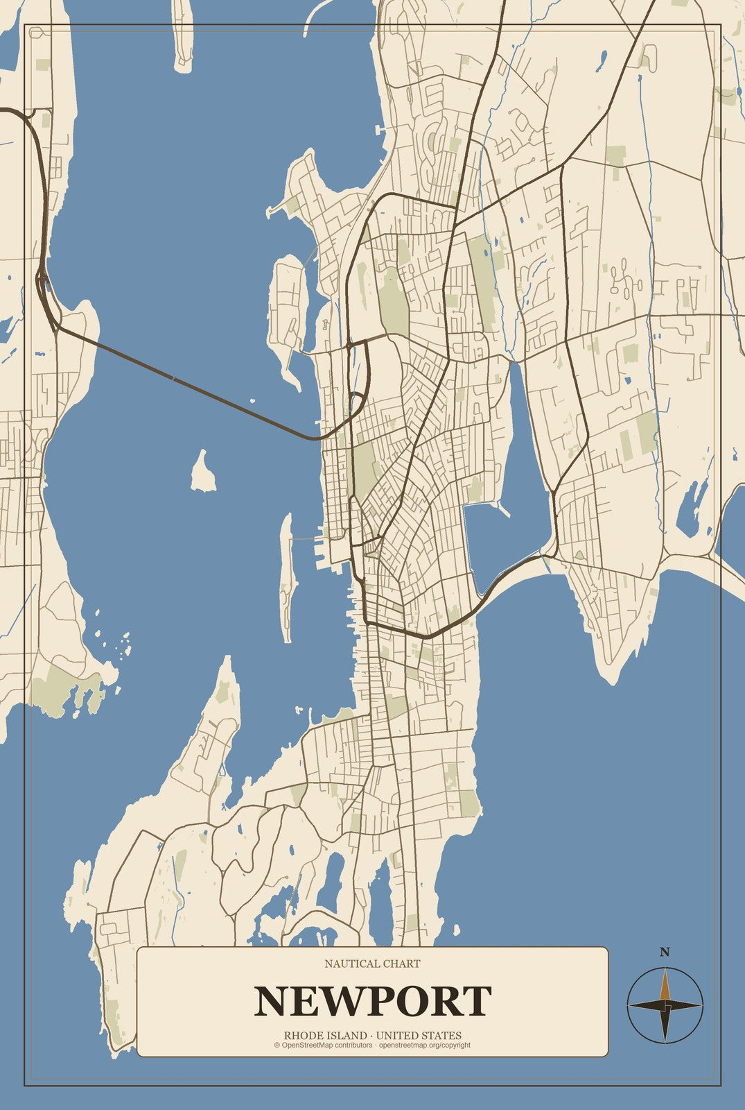 Newport, Rhode Island City Map Aluminum Sign in Heritage Nautical style