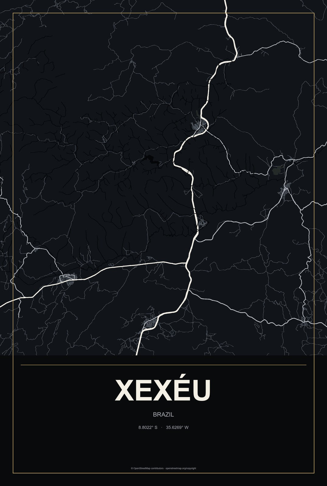 Xexéu, Brazil City Map Aluminum Sign in Metropolitan Noir style