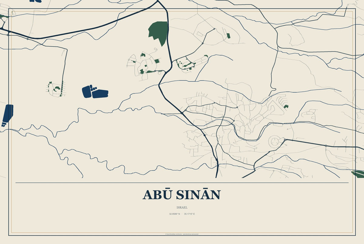 Abū Sinān, Israel City Map Aluminum Sign in Coastal Cutout style