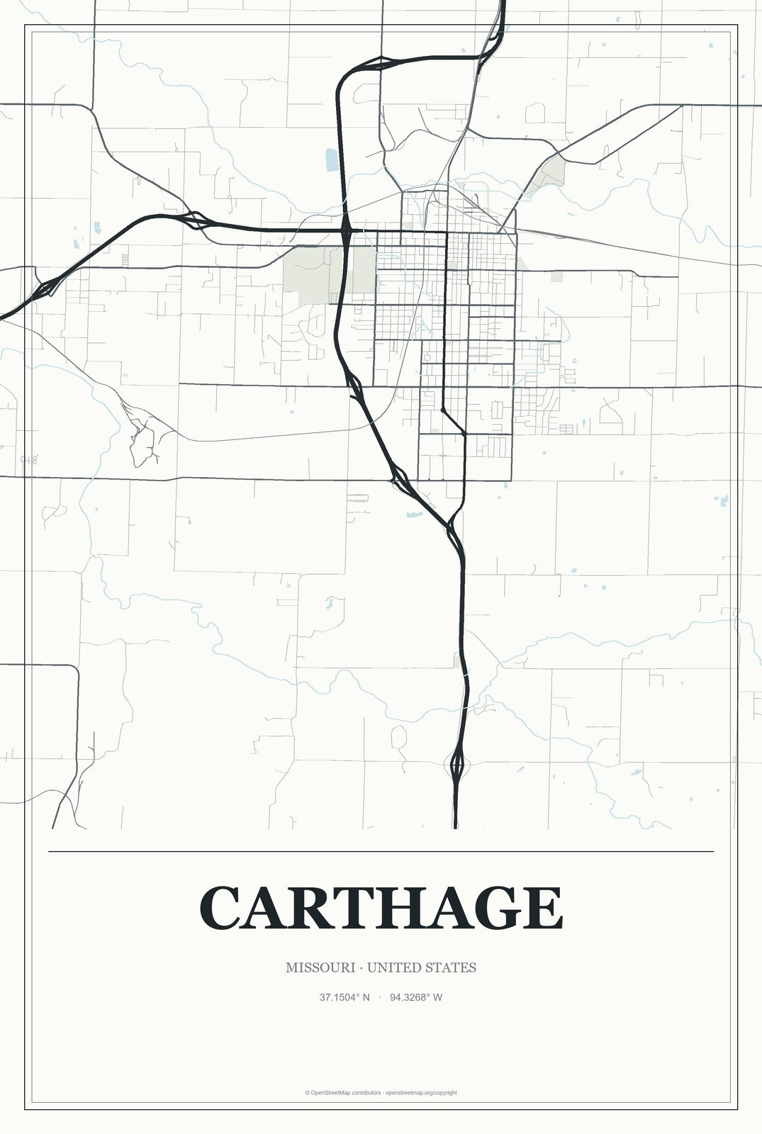 Carthage, Missouri City Map Aluminum Sign in Gallery Air style