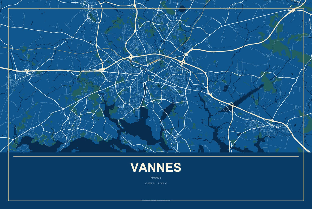 Vannes, France City Map Aluminum Sign in Harbor Cobalt style