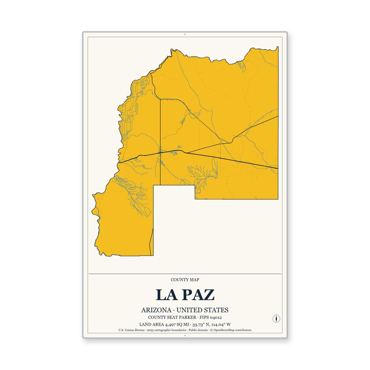 La Paz County, Arizona Map Aluminum Sign in Citrine Modern style