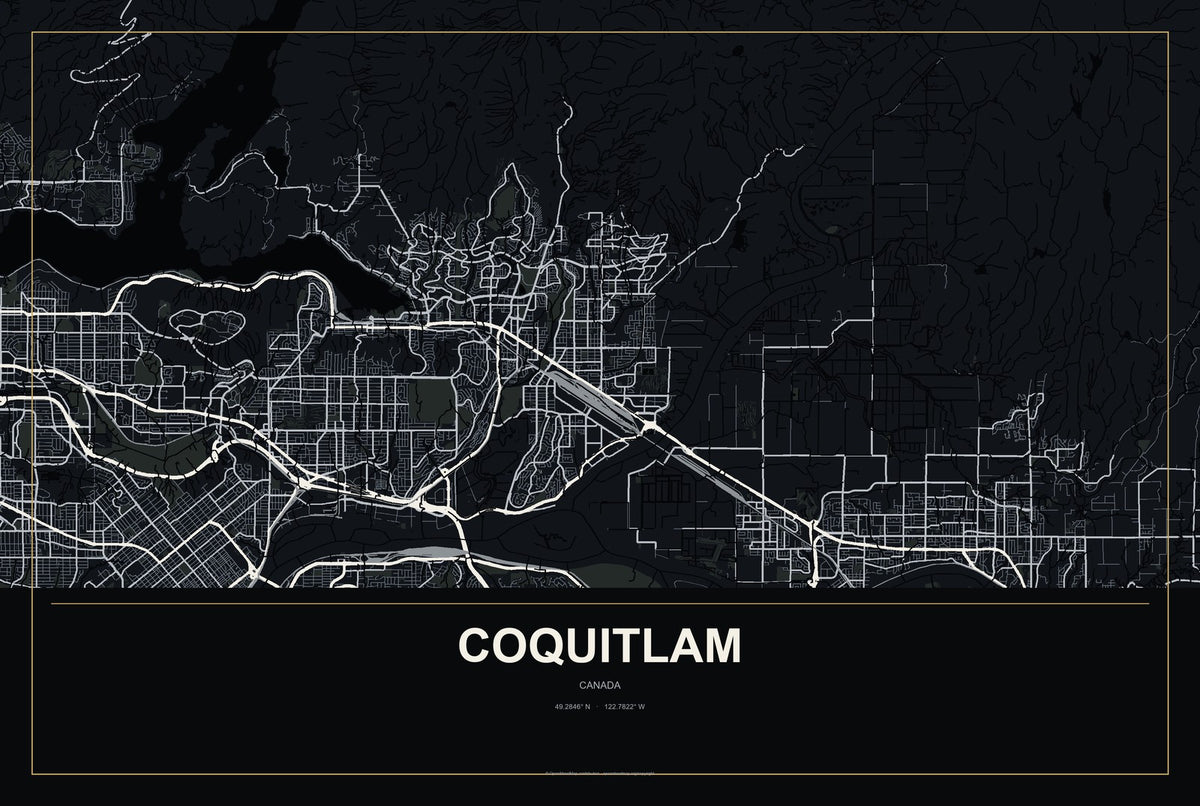 Coquitlam, Canada City Map Aluminum Sign in Metropolitan Noir style