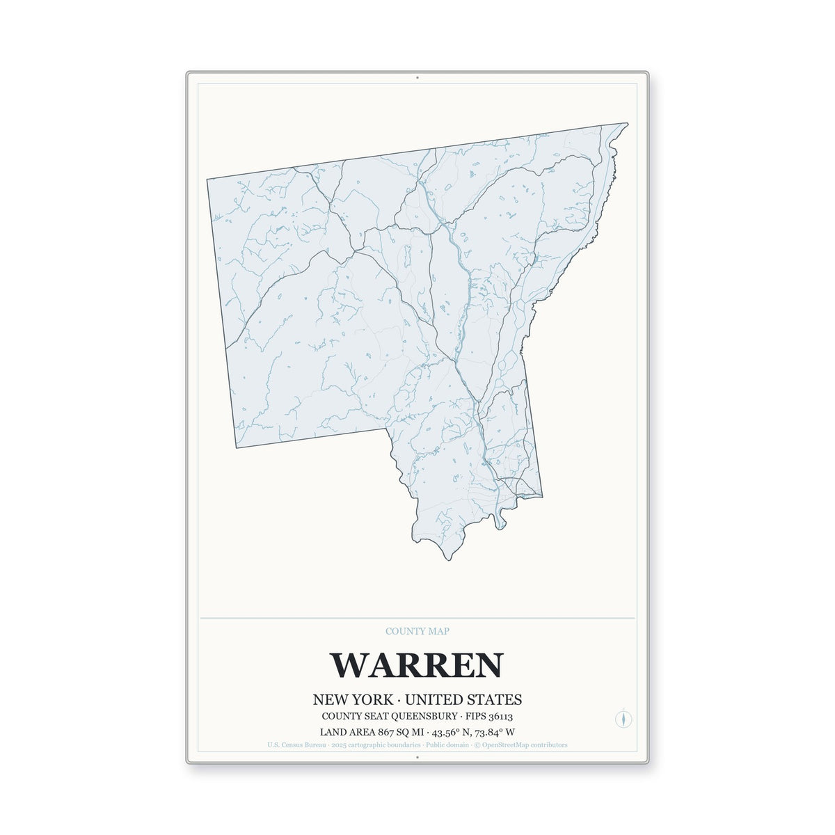 Warren County, New York Map Aluminum Sign in Gallery Air style