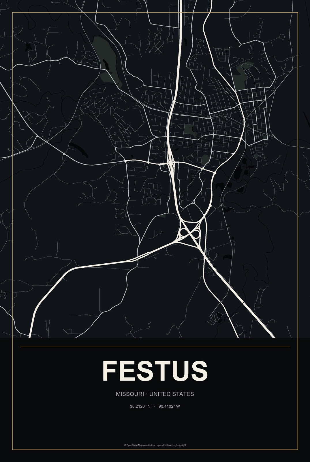 Festus, Missouri City Map Aluminum Sign in Metropolitan Noir style