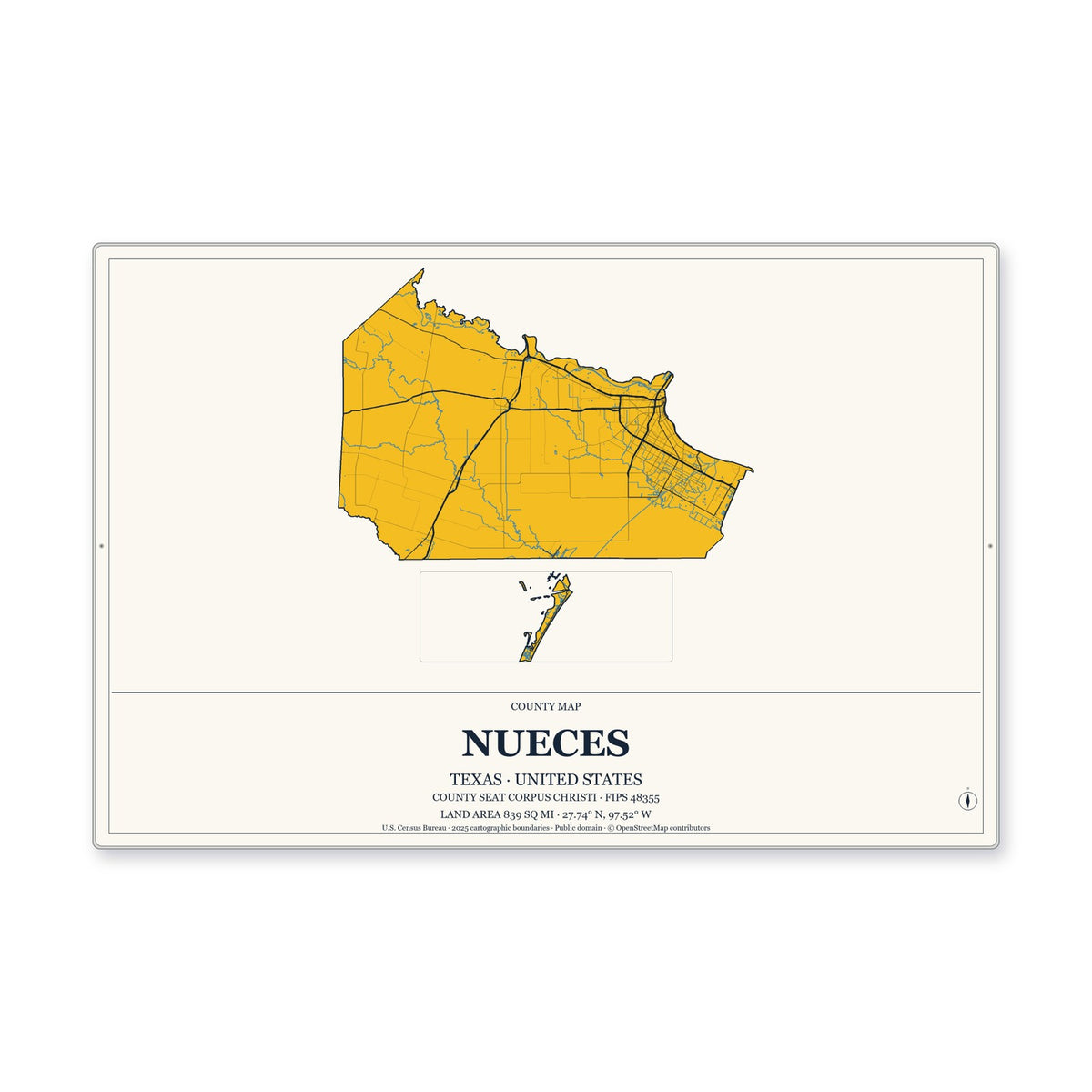Nueces County, Texas Map Aluminum Sign in Citrine Modern style