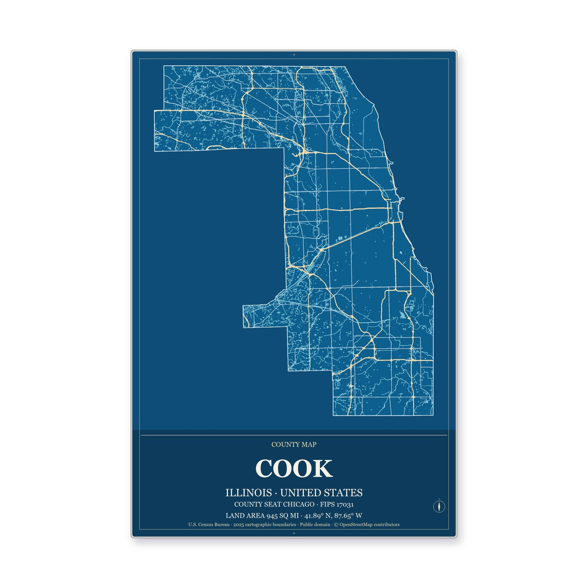 Cook County, Illinois Map Aluminum Sign in Harbor Cobalt style