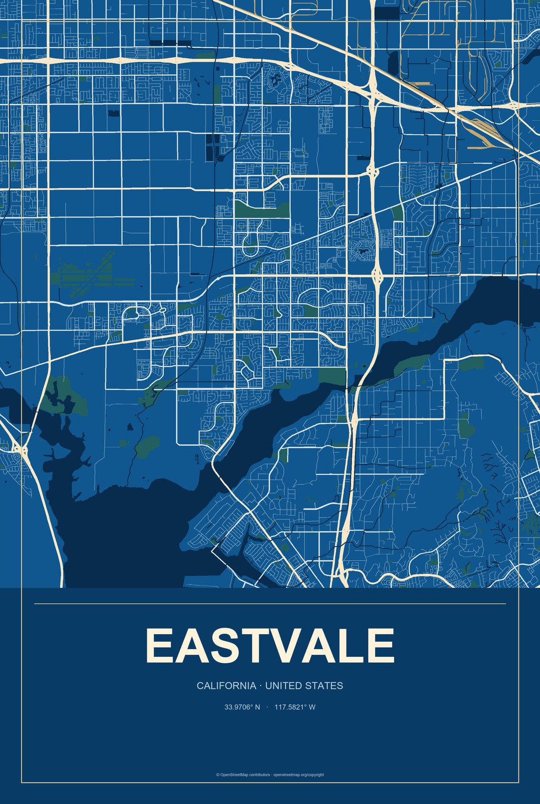 Eastvale, California City Map Aluminum Sign in Harbor Cobalt style